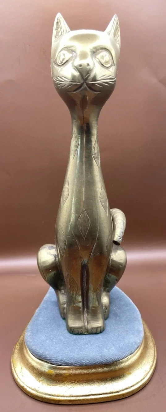 Vintage Solid Brass Long Neck Sitting Cat Figurine 9.5